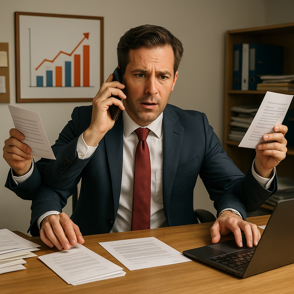 Businessman in suit on phone, holding papers, looking stressed at desk with laptop. Bar chart on wall in office.