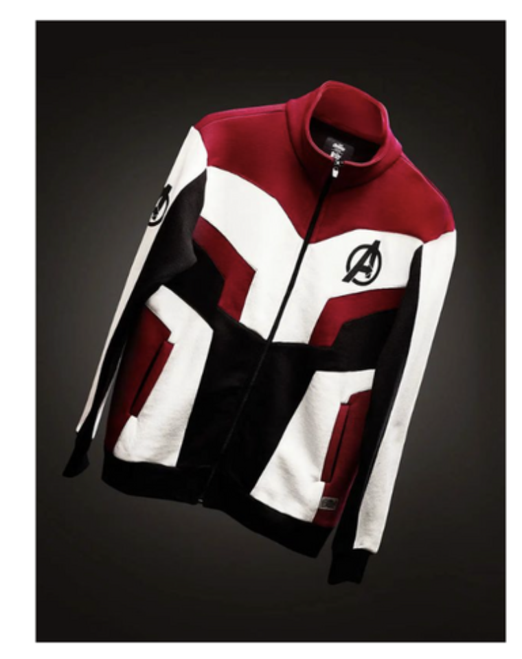 Red, white, and black jacket with an Avengers logo on the chest and shoulder, featuring a zip-up front.