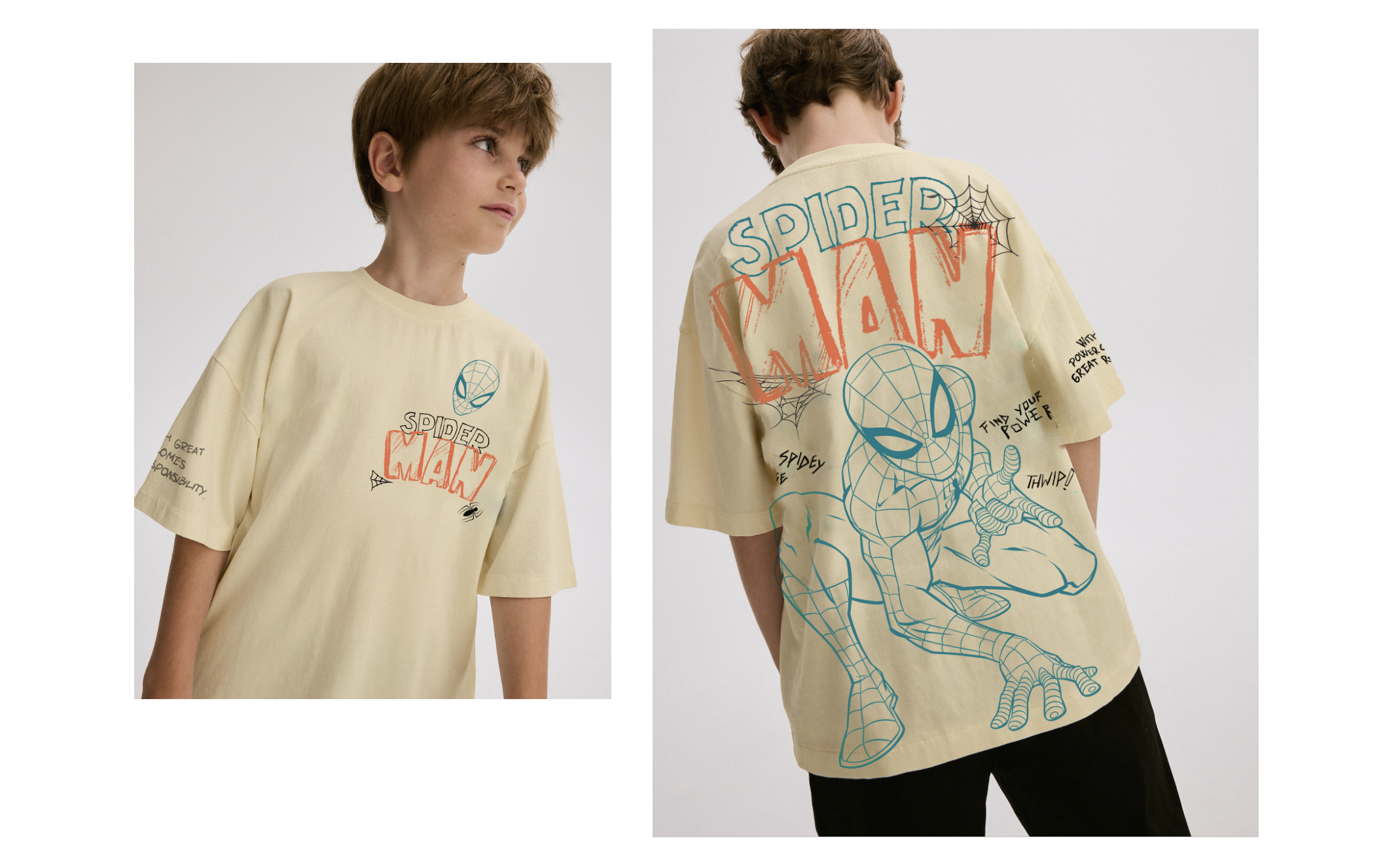 Boy wearing a beige Spider-Man T-shirt with graphic print on front and back, featuring Spider-Man in action and logo details.