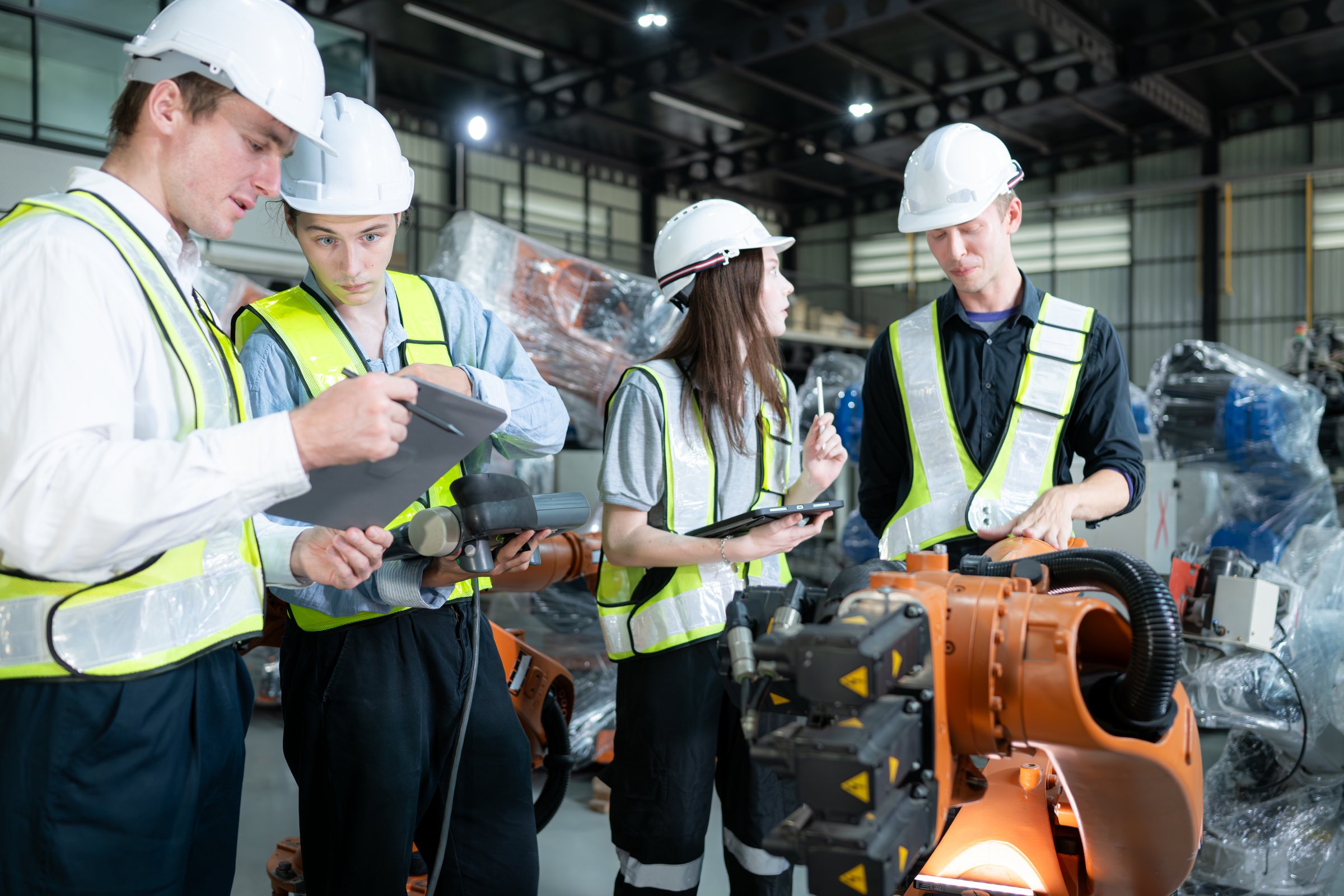 Group of engineers and technicians working together in a robotic arm factory. Inspecting robot arm before delivering to customers