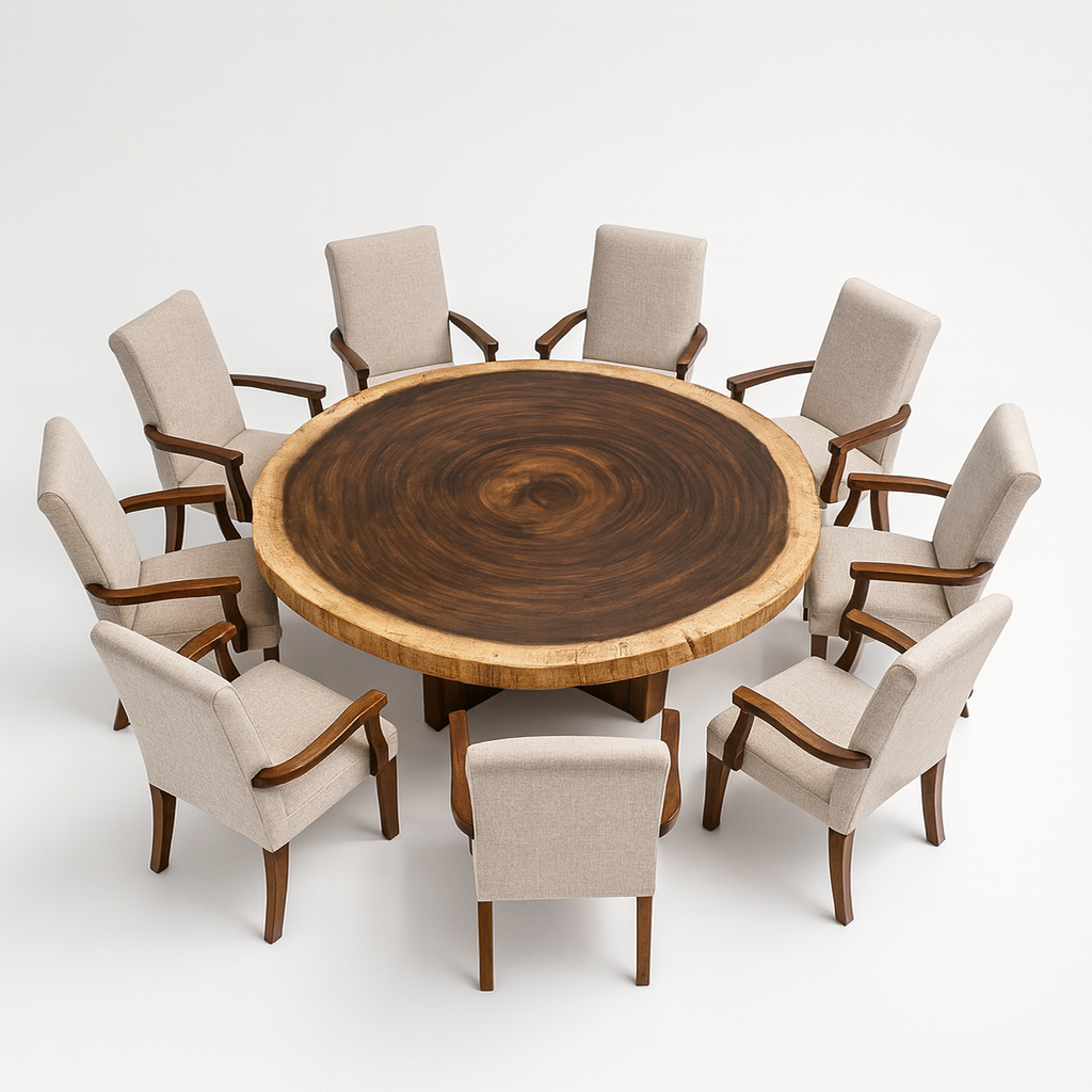 Mesa redonda de rebanada maciza de tronco con canto vivo natural, veta concéntrica y borde orgánico