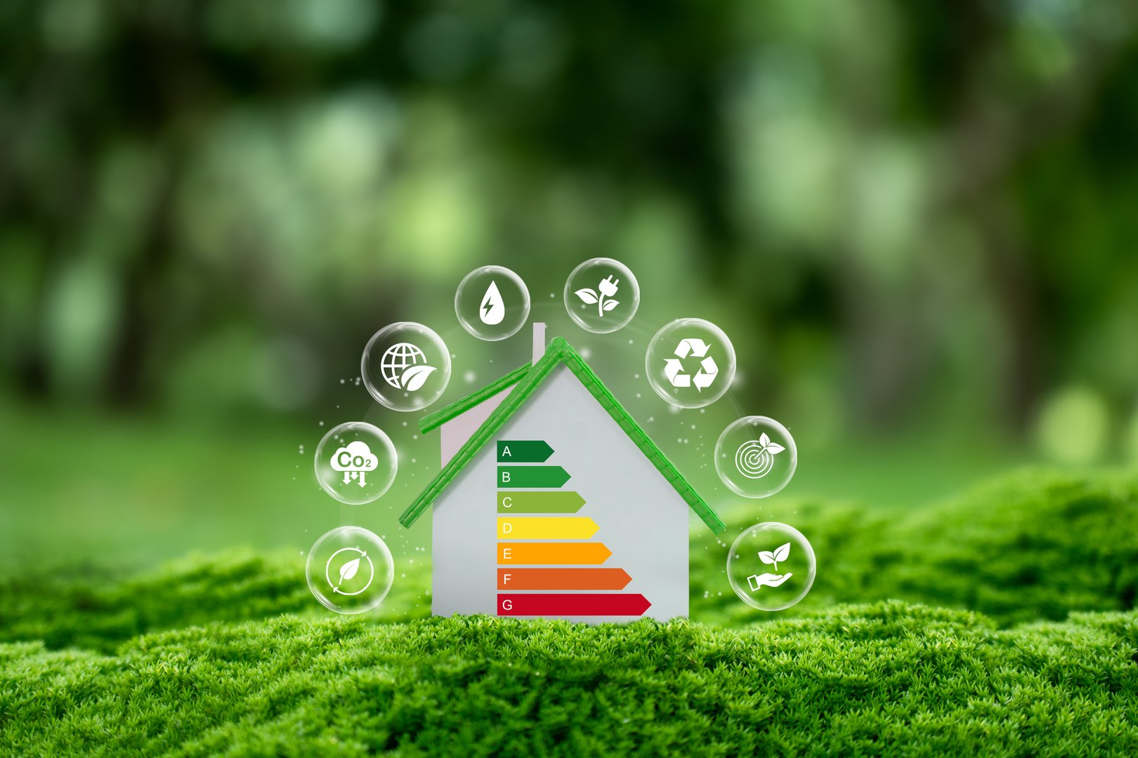 House energy efficiency or energy saving rate for reduce carbon footprint. Home Improvement, Eco-Friendly. Home model with energy efficient rating class concept to save cost green energy.