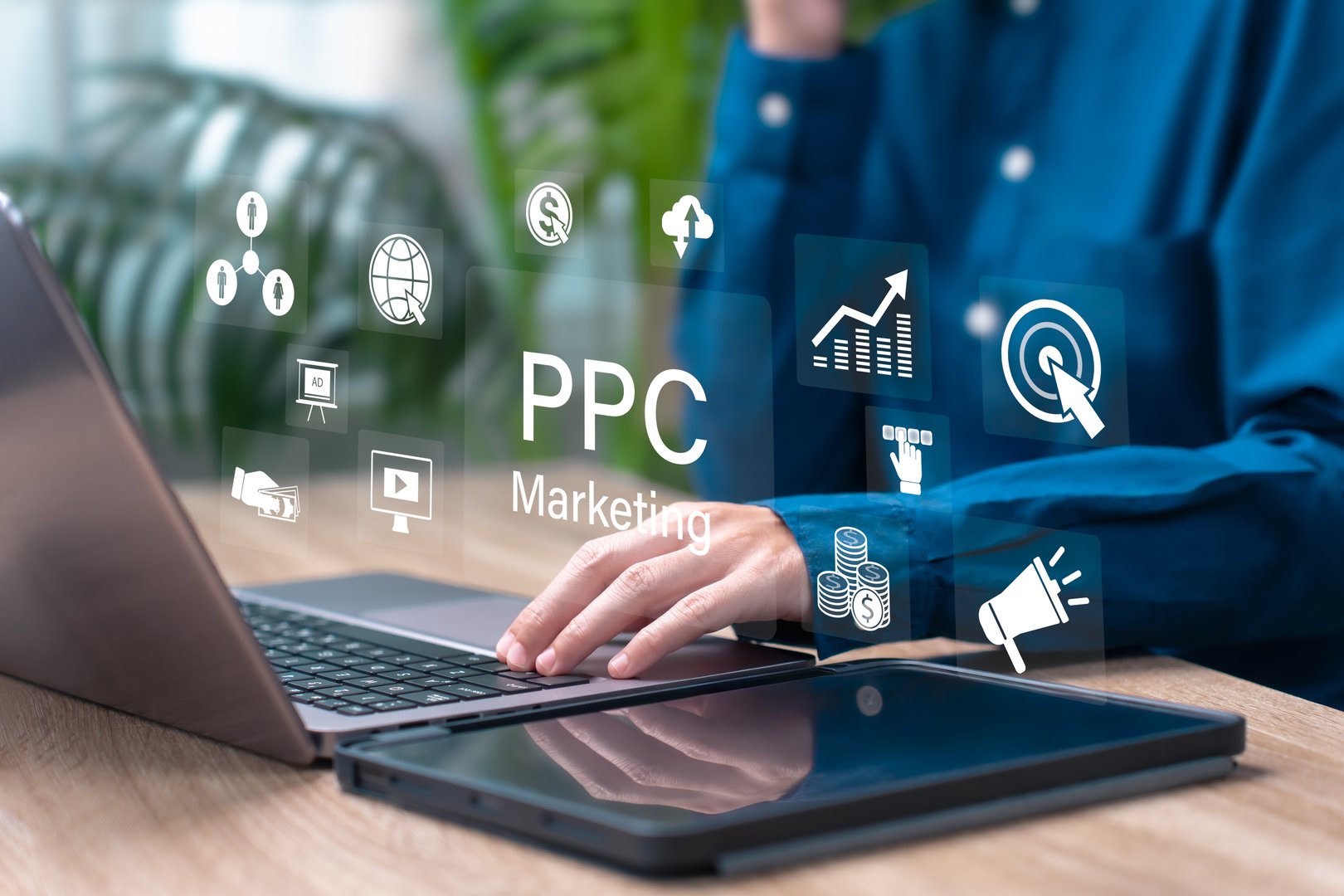 PPC Marketing and Pay-Per-Click Advertising Strategy Concept, Businesswoman Analyzing Ads Dashboard, Digital Marketing Campaign Optimization, ROI Growth, Sales Conversion, Online Traffic Analytics
