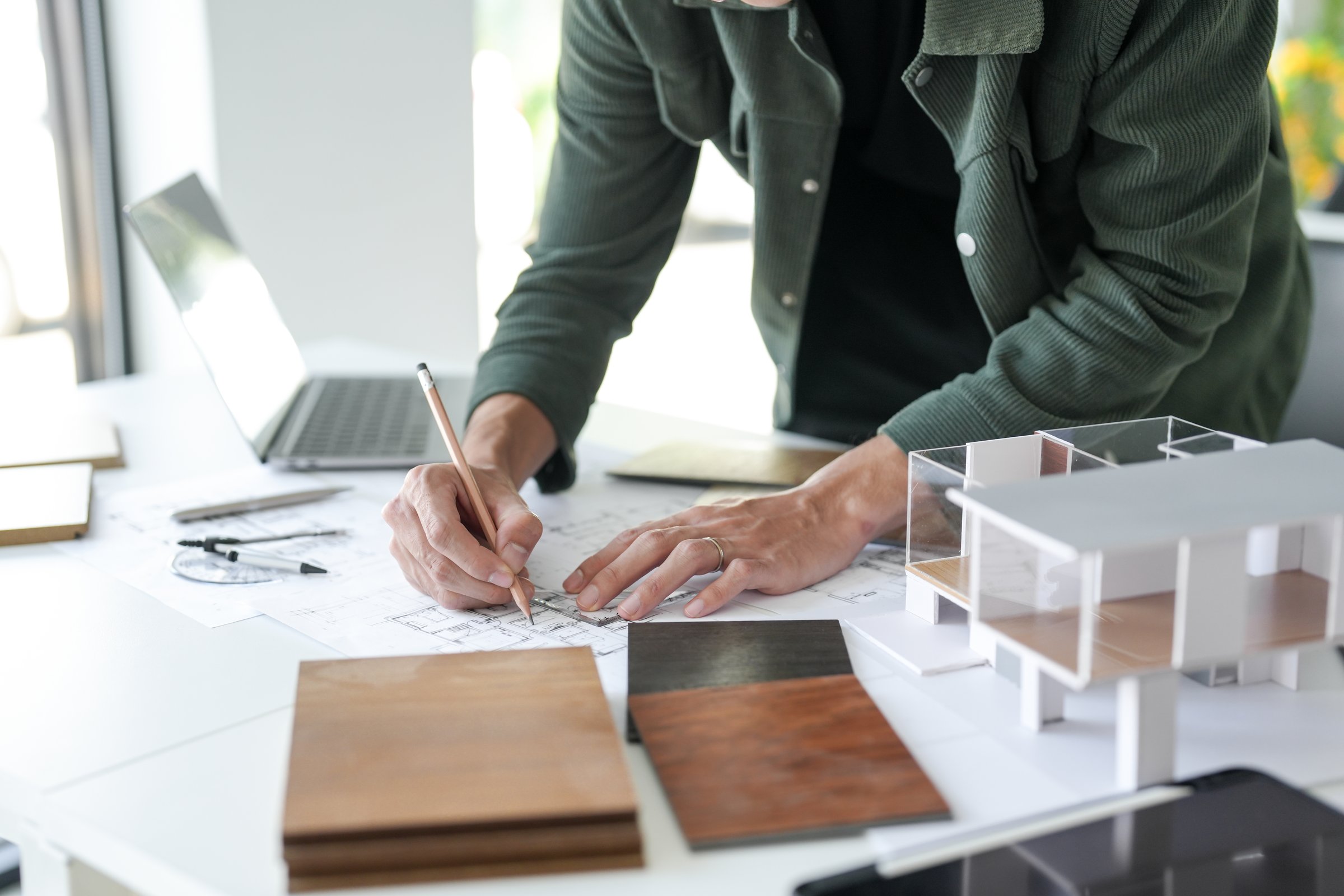 Architecture interior Man Creative project planÂ designer home and Choose interior materials  drawing interior on blueprintÂ