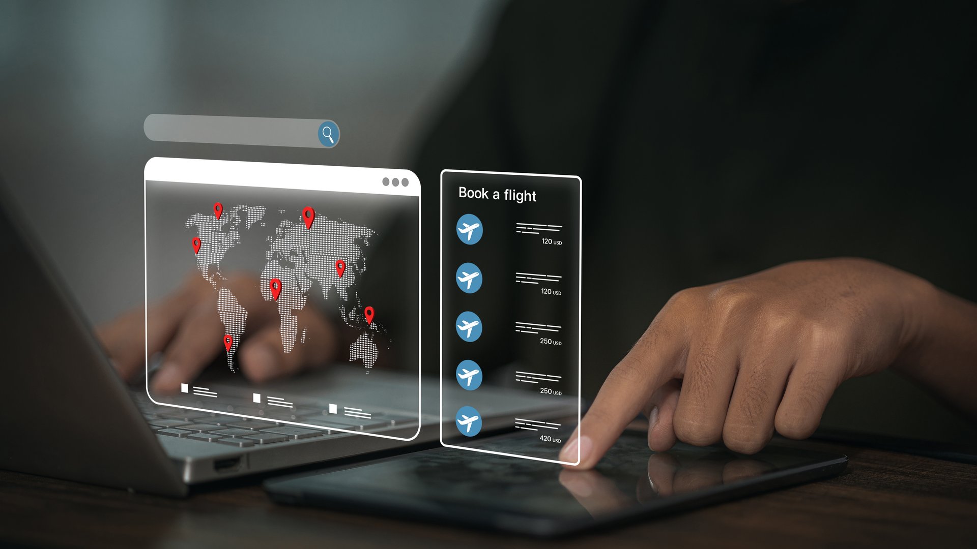 Booking flight with holographic world map