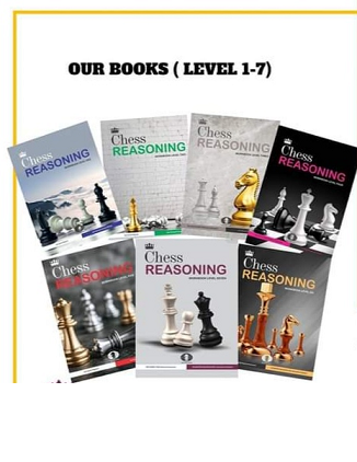 Seven chess reasoning books arranged in a fan shape, each with different cover designs and labeled Level 1-7.