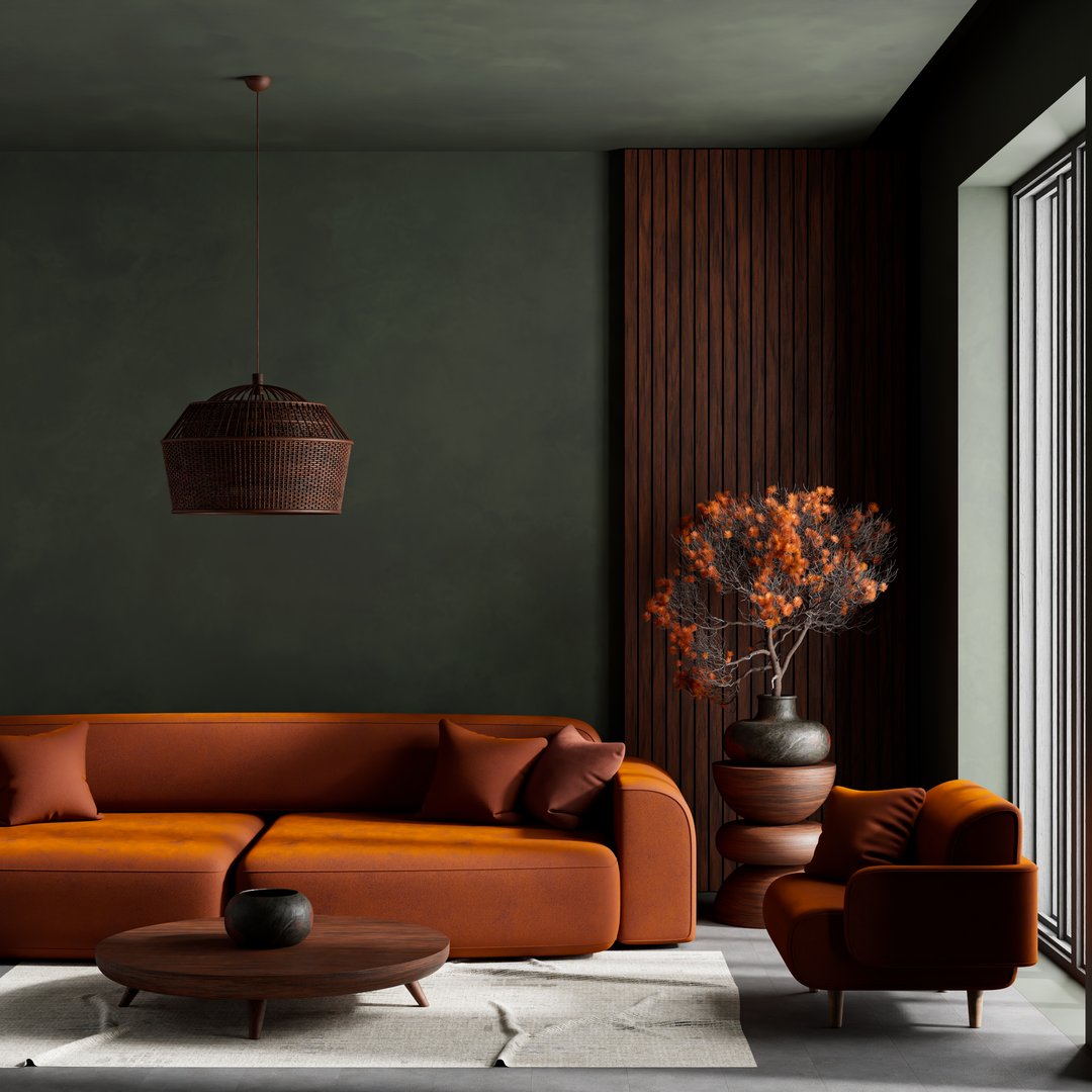 living room interior mock up with modern furnitures. Empty wall mock up in modern interior design. 3D illustration