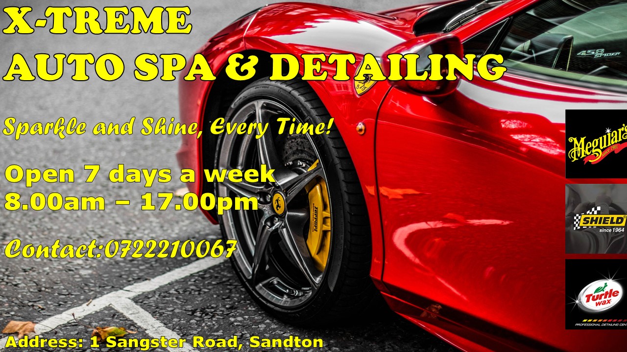Red sports car with ad for X-Treme Auto Spa &amp; Detailing. Open daily 8am-5pm. Contact: 0722210067. Located in Sandton.