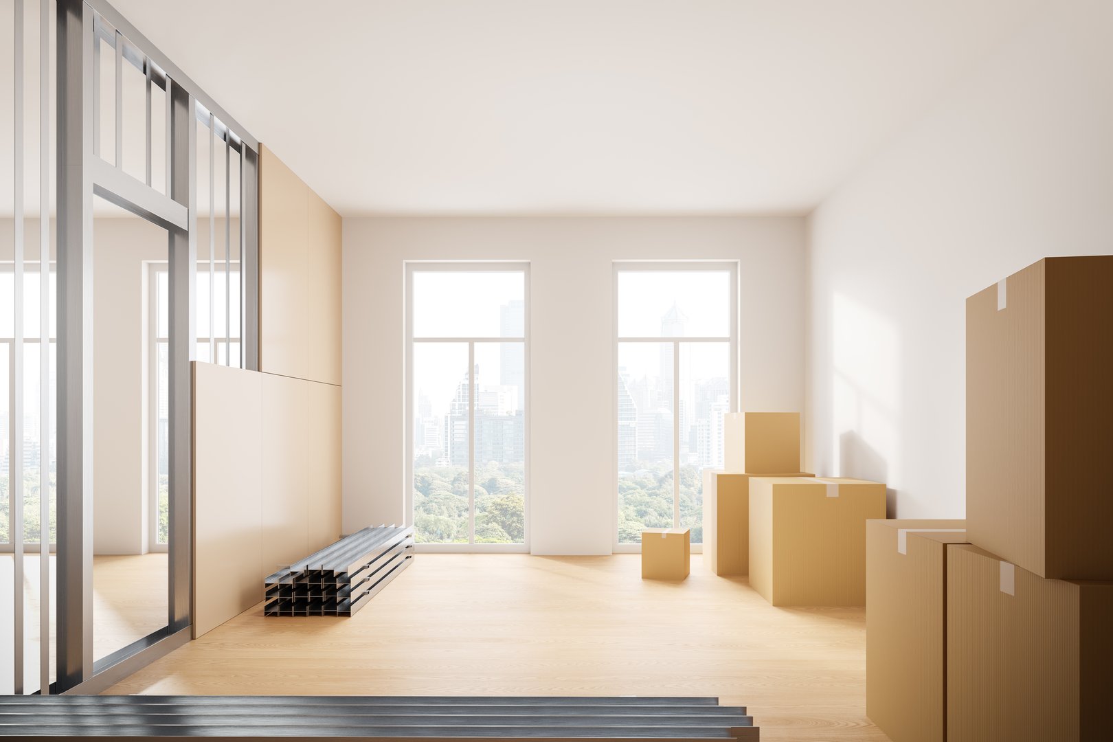 White and wooden office interior under construction, repairing or renovation of business meeting room. Cardboard boxes and material on the floor. Panoramic window on skyscrapers. 3D rendering