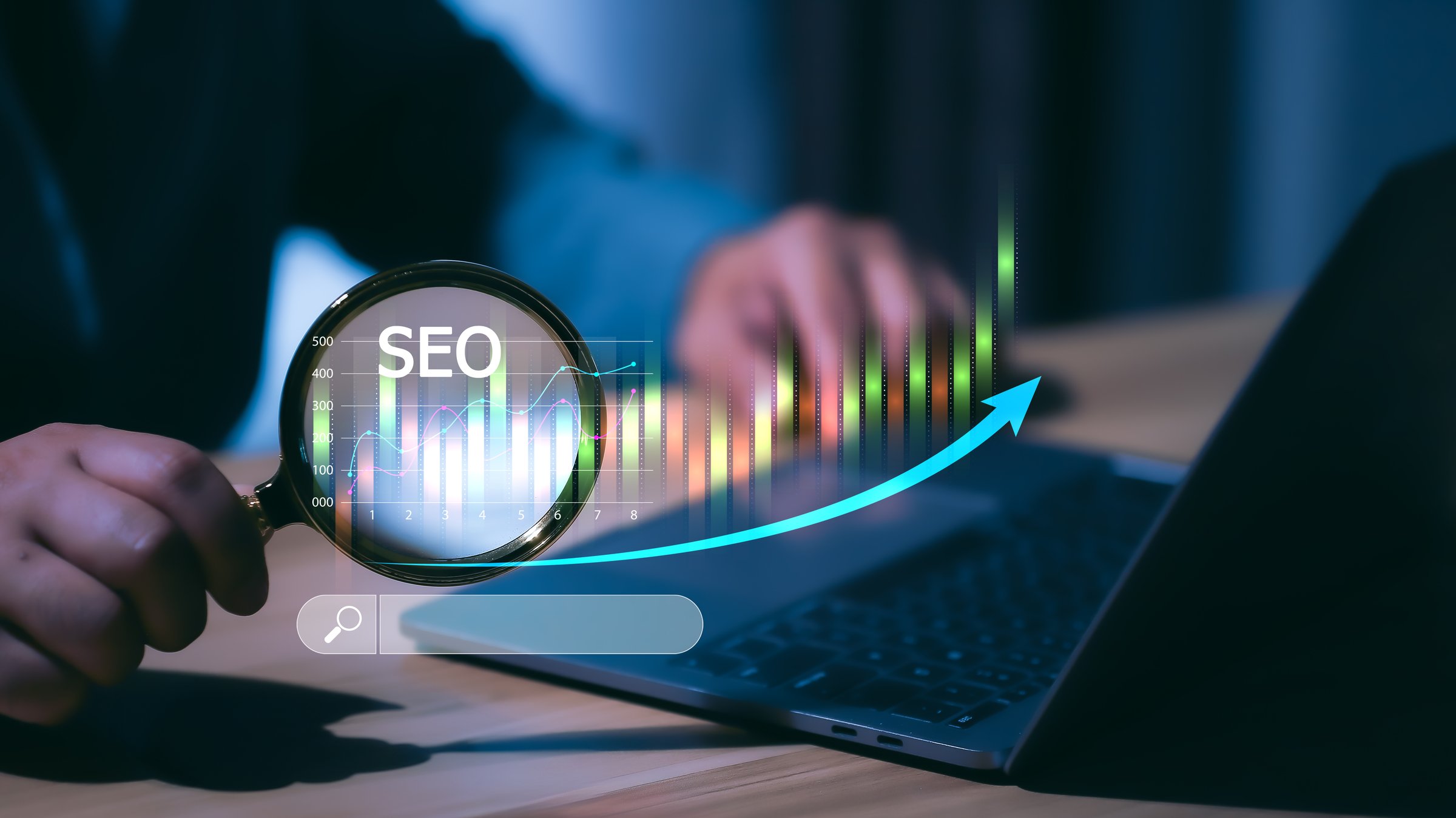 SEO and digital growth strategy concept with magnifying glass, search bar, and analytics graph. Perfect for online marketing, search engine optimization, web traffic, and ranking improvement.