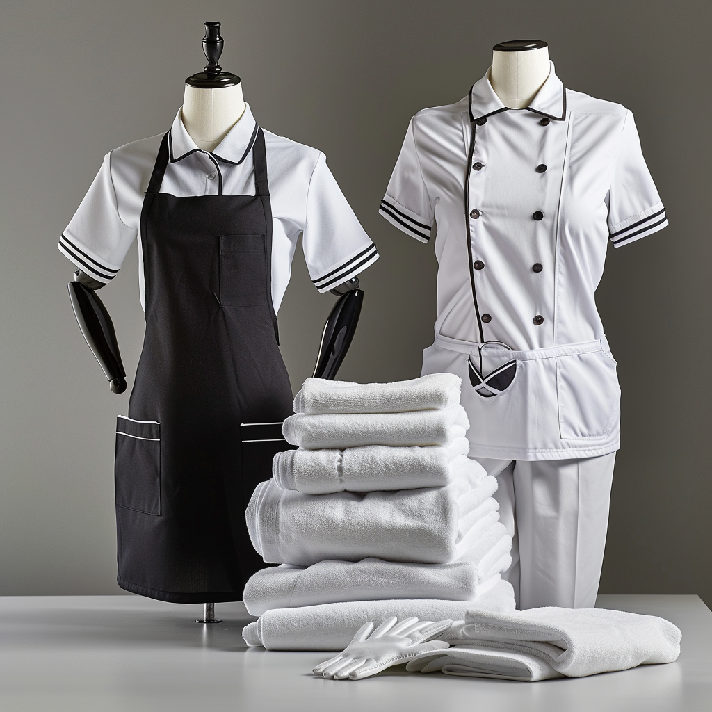 Two mannequins wearing a black apron and chef's uniform beside stacks of white towels on a table.
