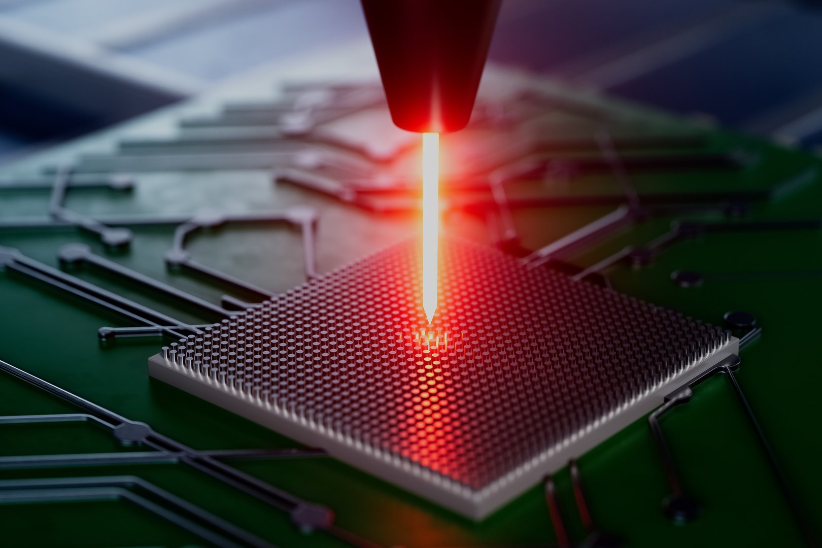 A computer chip is being laser cut. Concept of precision and technology. The laser beam is focused on the chip, creating a sharp and clean cut