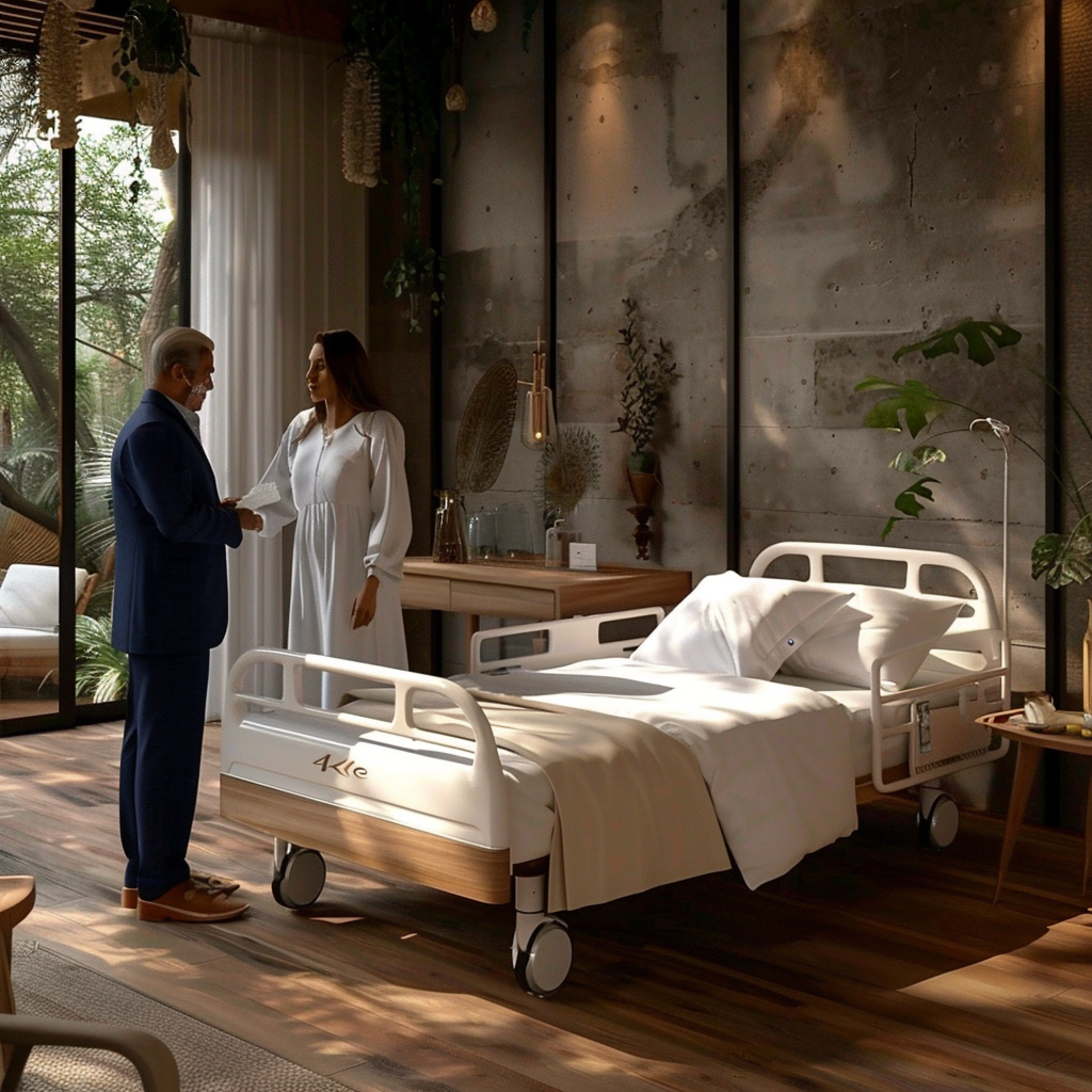 A man in a suit and a woman in a white dress talk in a sunny, modern hospital room with a bed and plants.