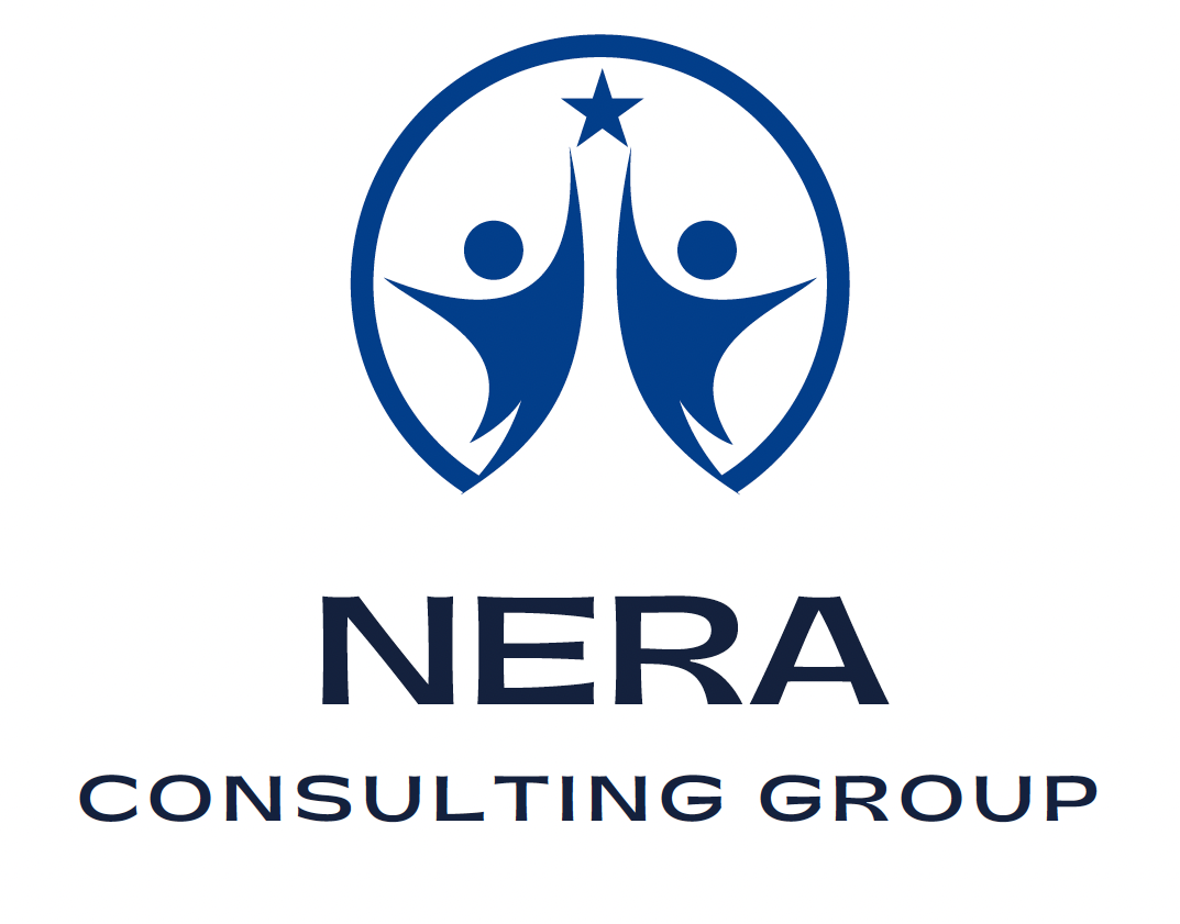 Logo of NERA Consulting Group featuring two stylized figures reaching for a star inside an oval, with text below.