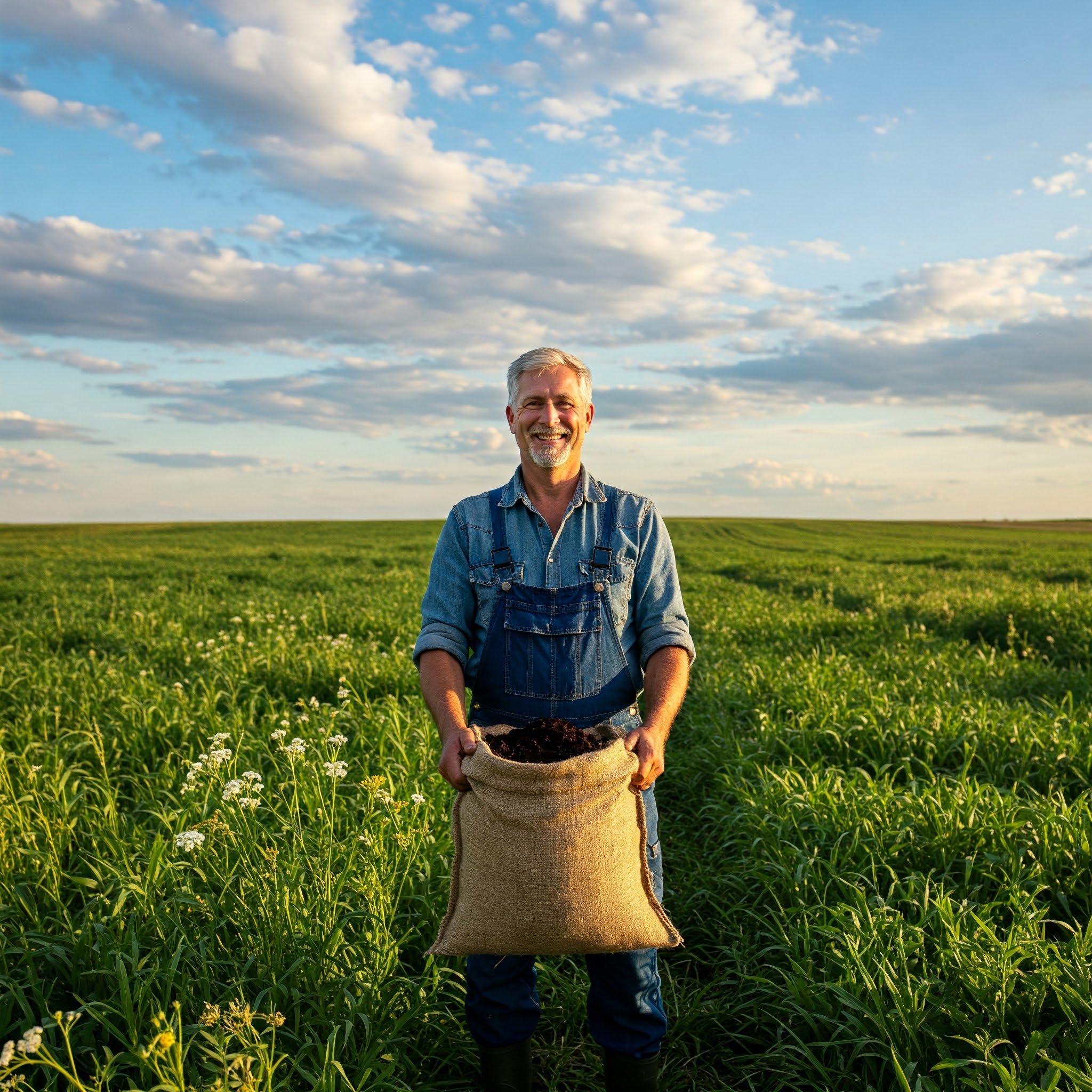 Smiling farmer in denim overalls holding a sack of soil in a lush green field under a blue sky with scattered clouds.