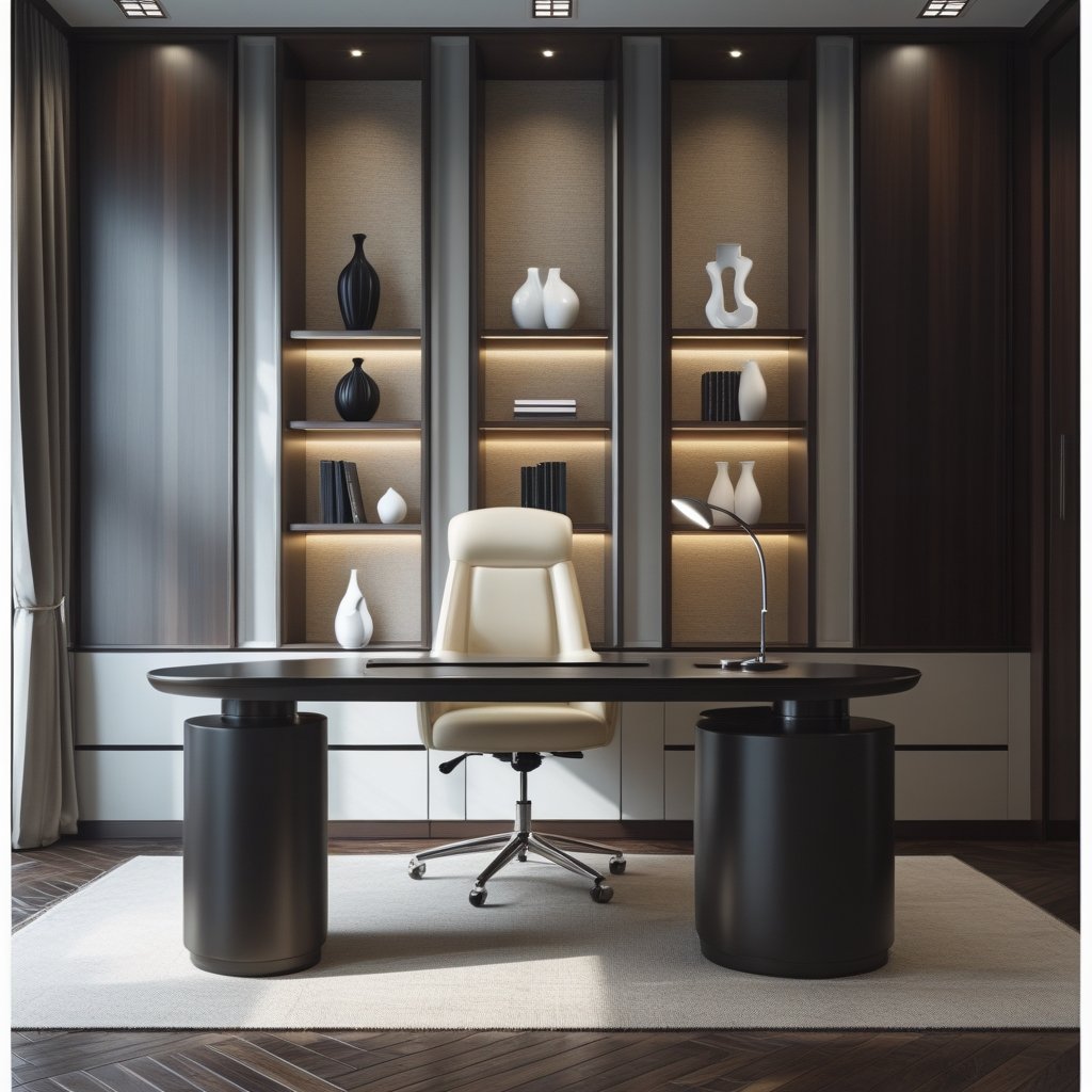 Modern office with a sleek desk, swivel chair, and backlit shelves displaying vases and books.