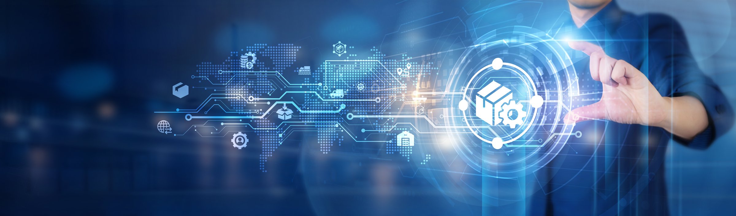 Businessman hold supply chain network connecting icon logistics, distribution, procurement, and inventory management, focusing on efficiency, collaboration, transparency, and innovative technology.