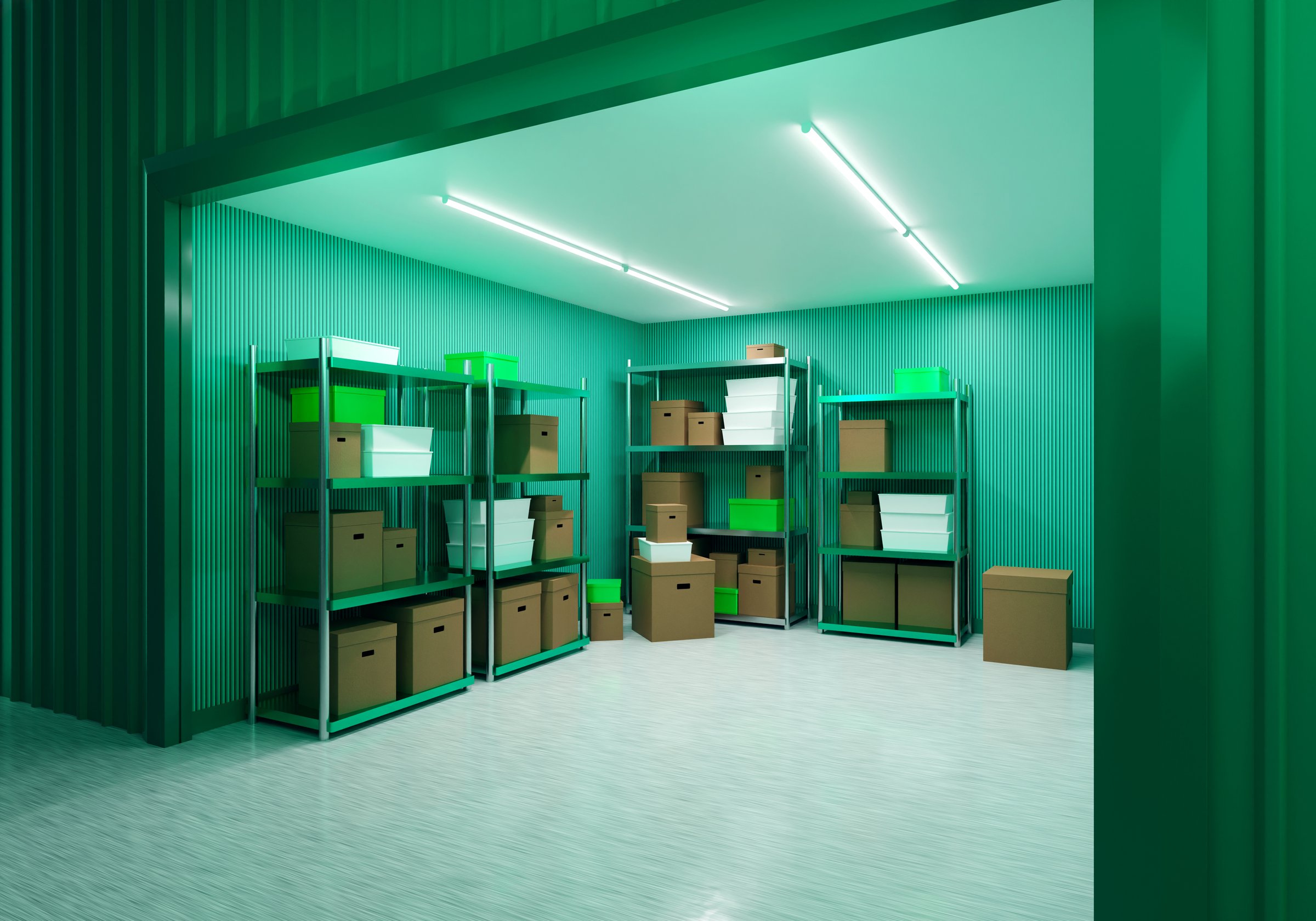 Rental storage unit. Small warehouse seen from behind gate. Open storage unit. Boxes on metal shelves inside warehouse. Temporary safekeeping zone. Rent self storage unit. 3d image.