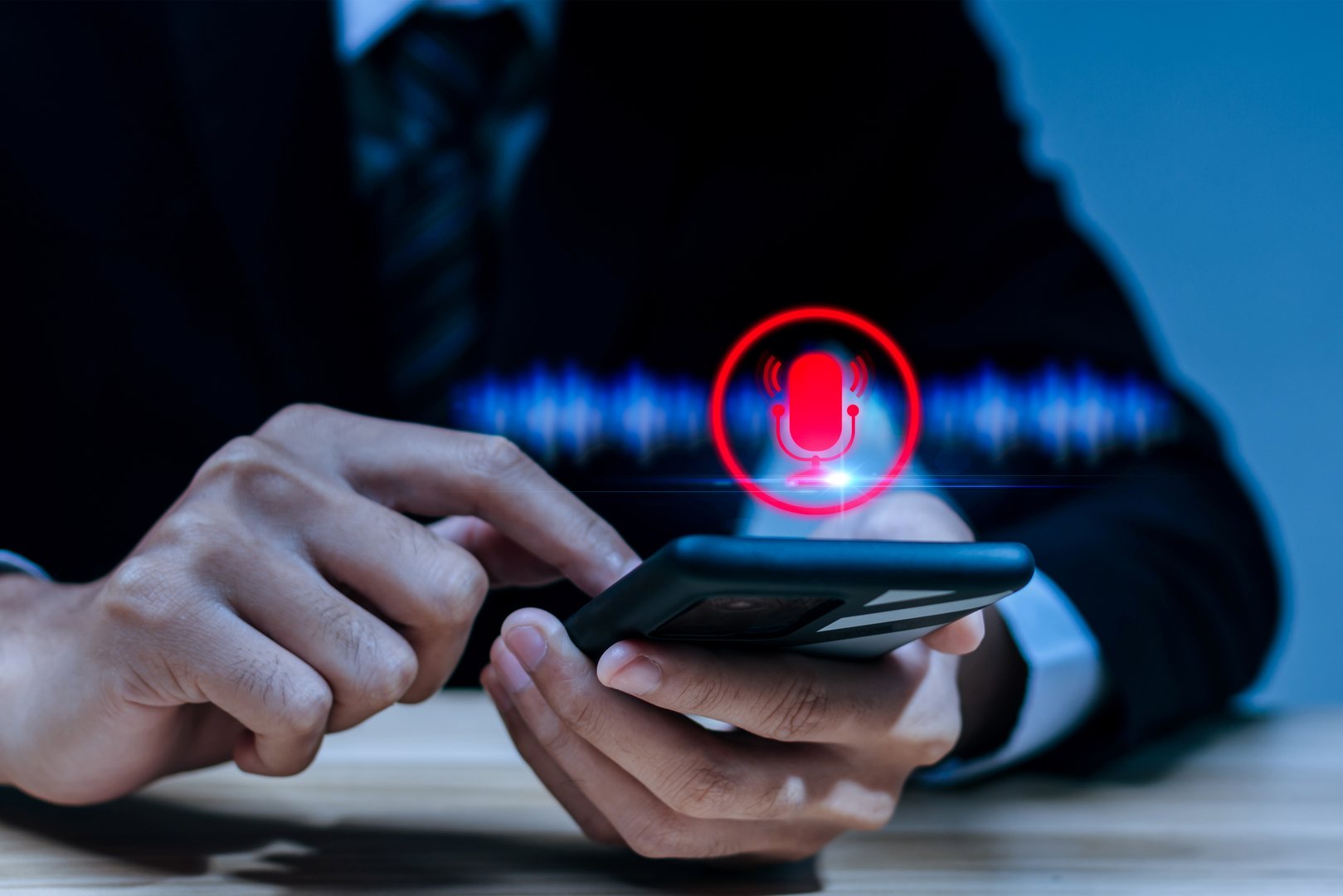 Speech Recognition. business people hand touching microphone icon on mobile smart phone, voice recording, telemarketing, voice control, artificial intelligence, internet network technology concept