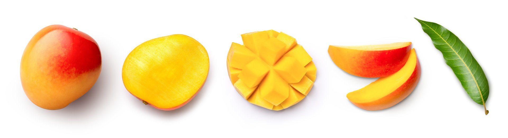 Red mango with leaf and half slice isolated on white background. Top view.