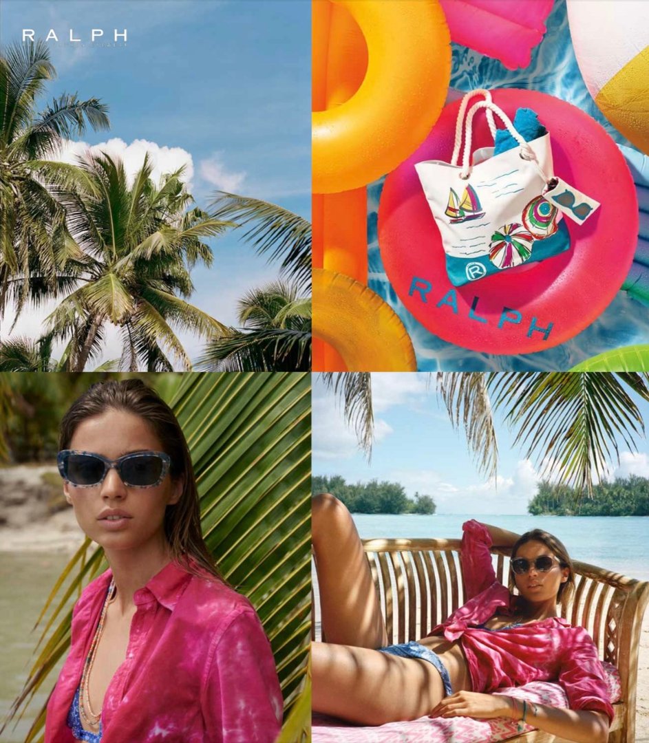 Collage with tropical scenes: palm trees, a colorful beach bag, and a woman in sunglasses and pink shirt by the beach.