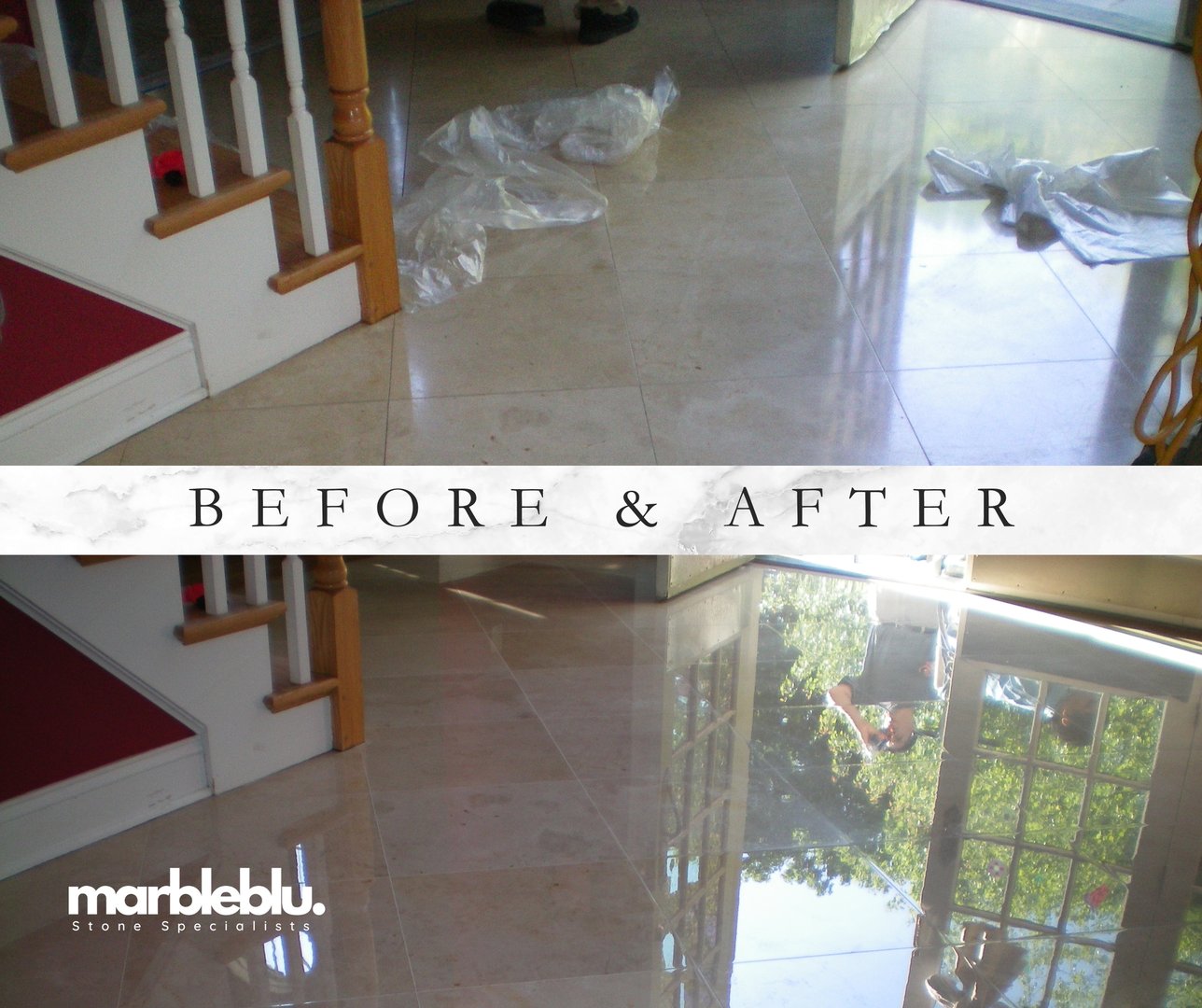 Before and after Marble repair and marble polishing of marble foyer floor in Long Island New York