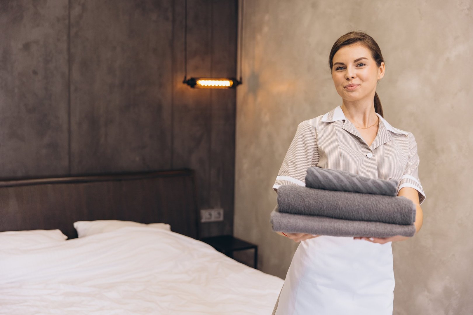 Smiling chambermaid holding neatly folded clean towels while preparing a hotel room, showcasing professionalism in a tidy, modern space