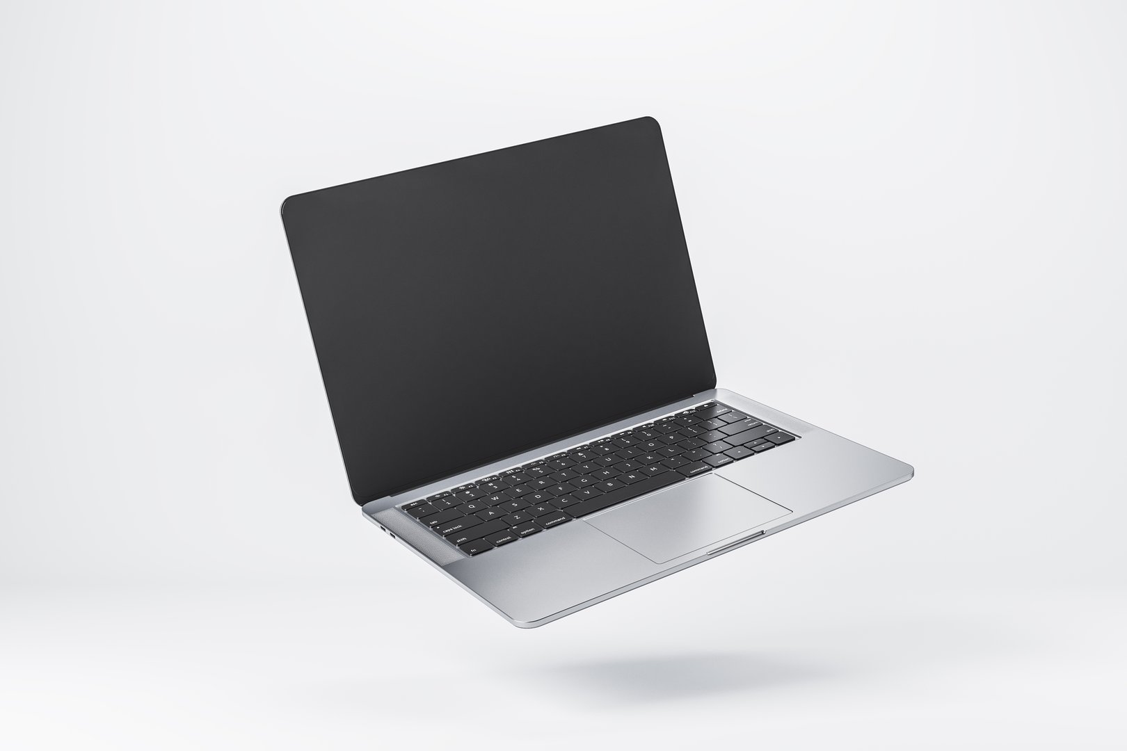 Close up of modern laptop with blank black screen with copyspace for your text or logo on abstract light background. 3D rendering, mock up
