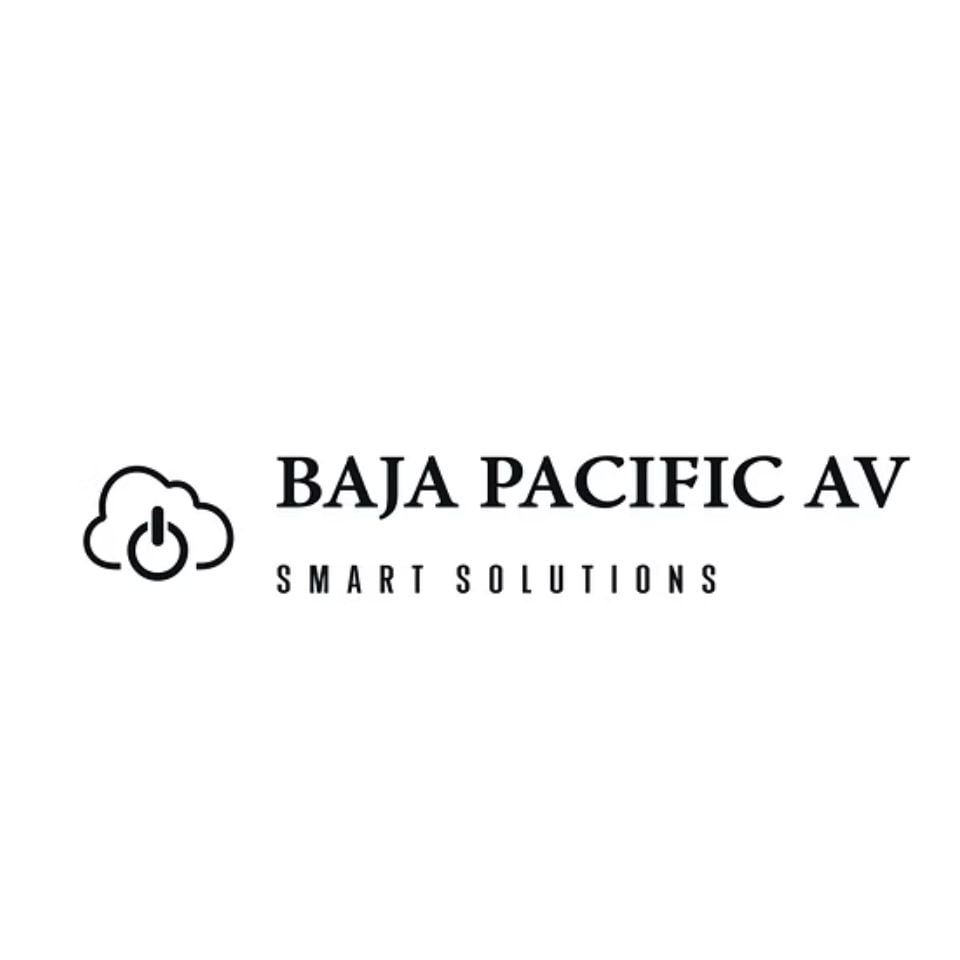 Logo for Baja Pacific AV with a cloud and power button icon, accompanied by the text 'Smart Solutions.'