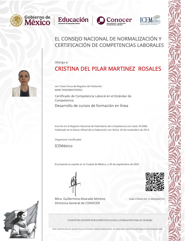 Certificado Digital CONOCER de Cristina del Pilar Martínez Rosales - ICE México