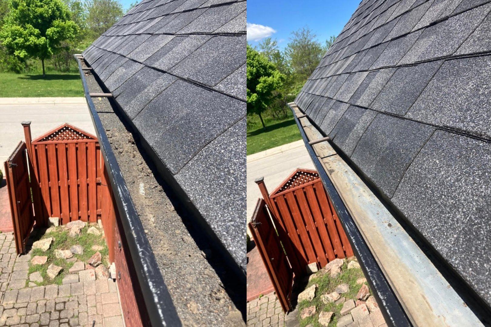 Before and after gutter cleaning showing dramatic transformation