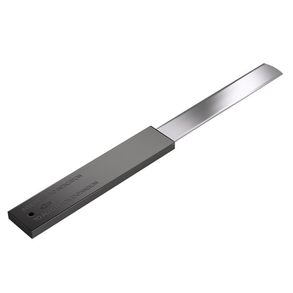 Metal leveling device with a flat blade and rectangular handle, featuring engraved instructions for adjustment use.