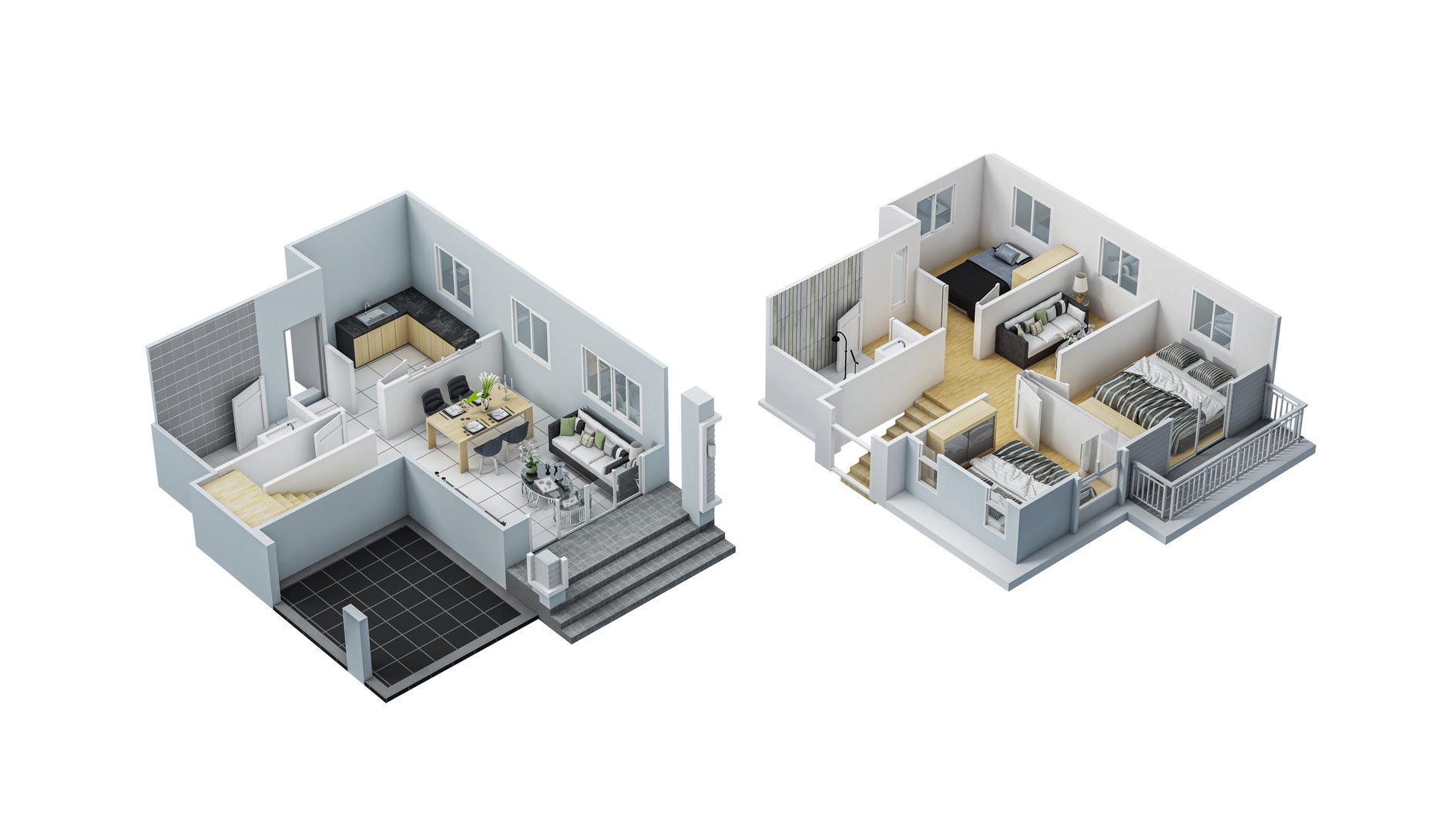 Floor plan top view. House interior isolated on white background. 3D render