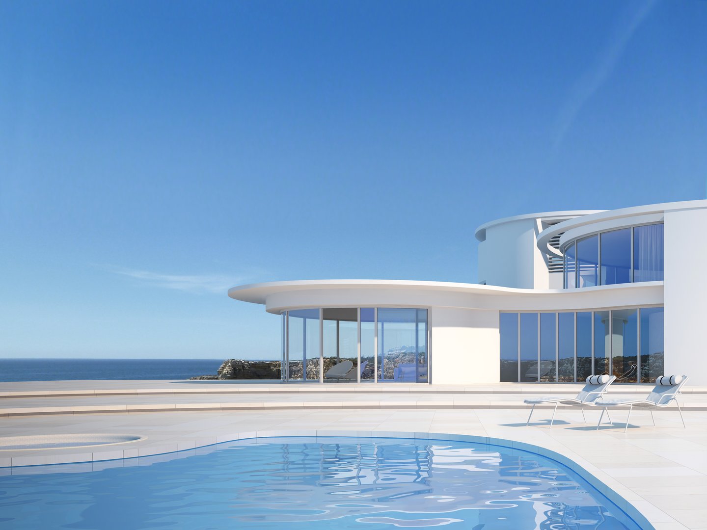 3d rendering of a modern villa with pool and sea view