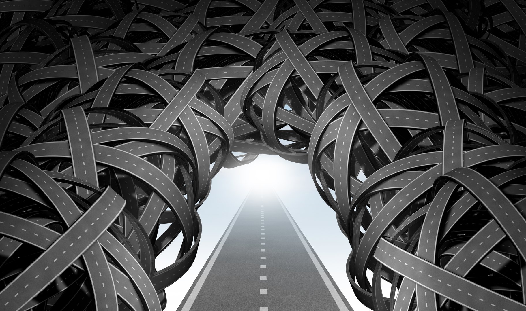 Strategic Clarity and focused strategy concept as a straight road going over confused paths for achieving success in the future as a symbol of business vision and planning to solve the maze.