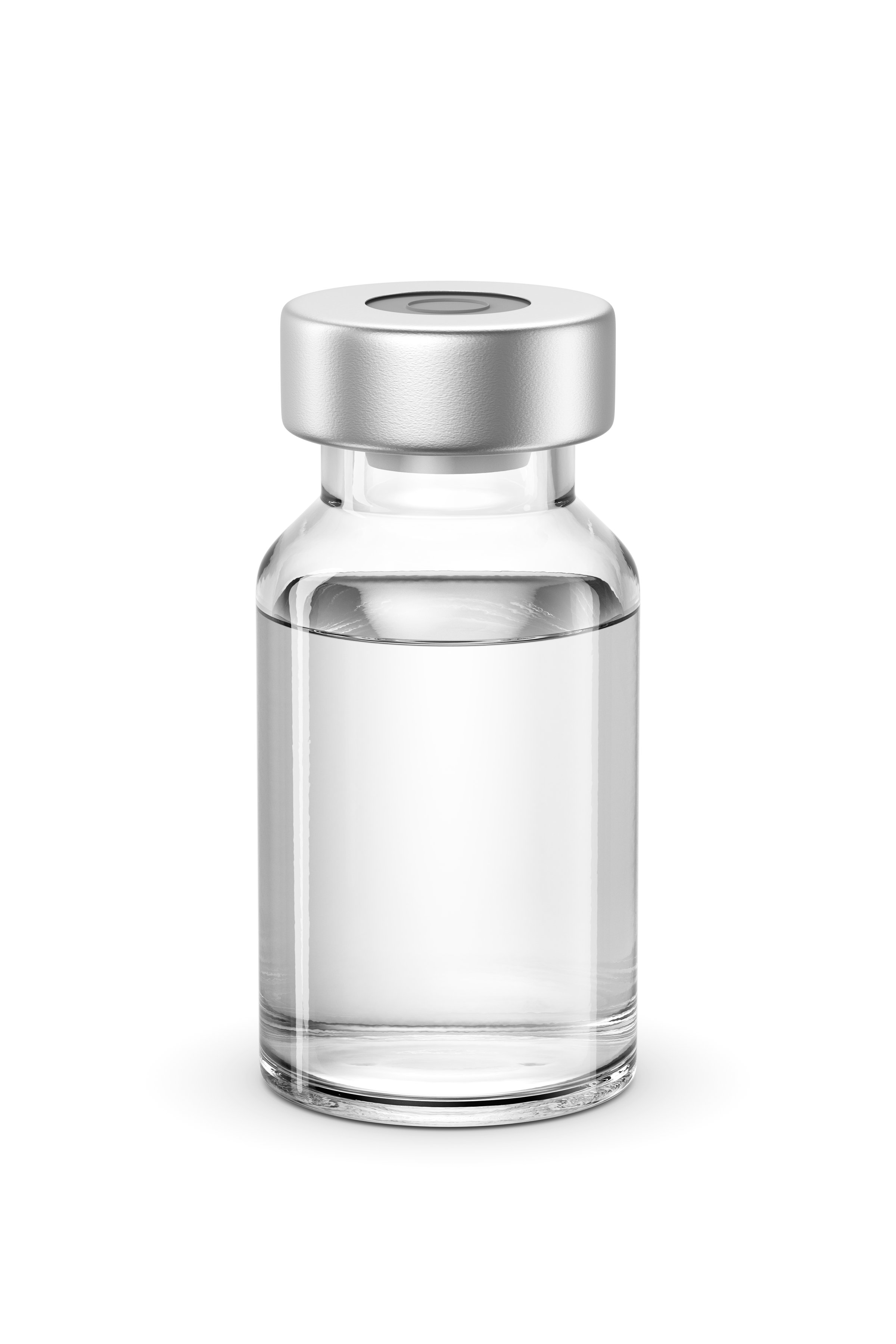 Clear glass 10R vial containing a colorless liquid isolated on white background. 3D rendering illustration.