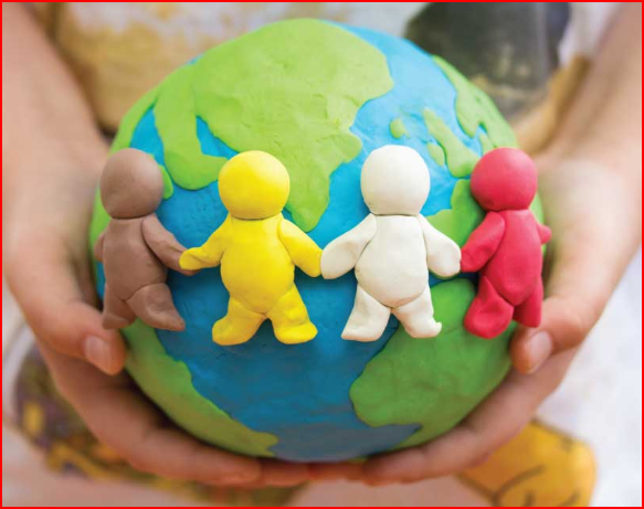 Hands holding a clay model of Earth with four colorful human figures holding hands, symbolizing unity and diversity.
