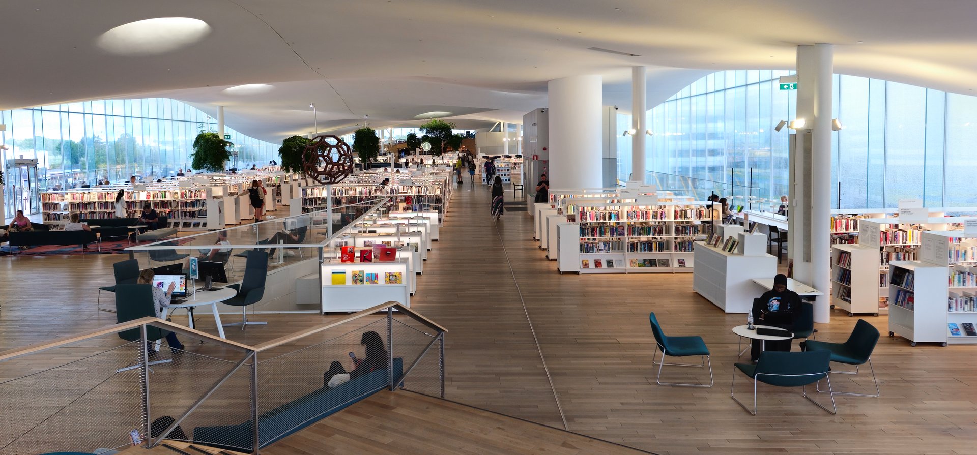 Modern library interior filled with natural light