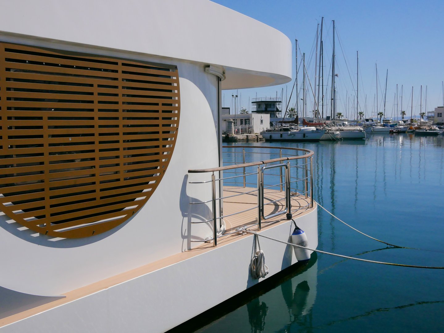 Split, Croatia - 5 April 2025: Yacht close up at the pier in Split harbor, Croatia