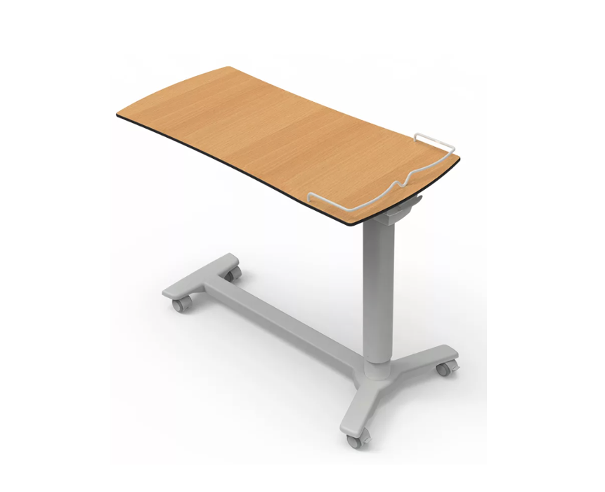 Adjustable overbed table with a wooden top and metal base on wheels, suitable for hospital or home use.