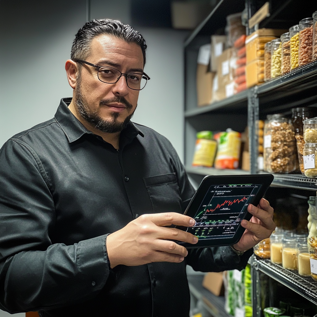 Man in black shirt holding a tablet with graphs in a storage room, surrounded by shelves of jars and containers.