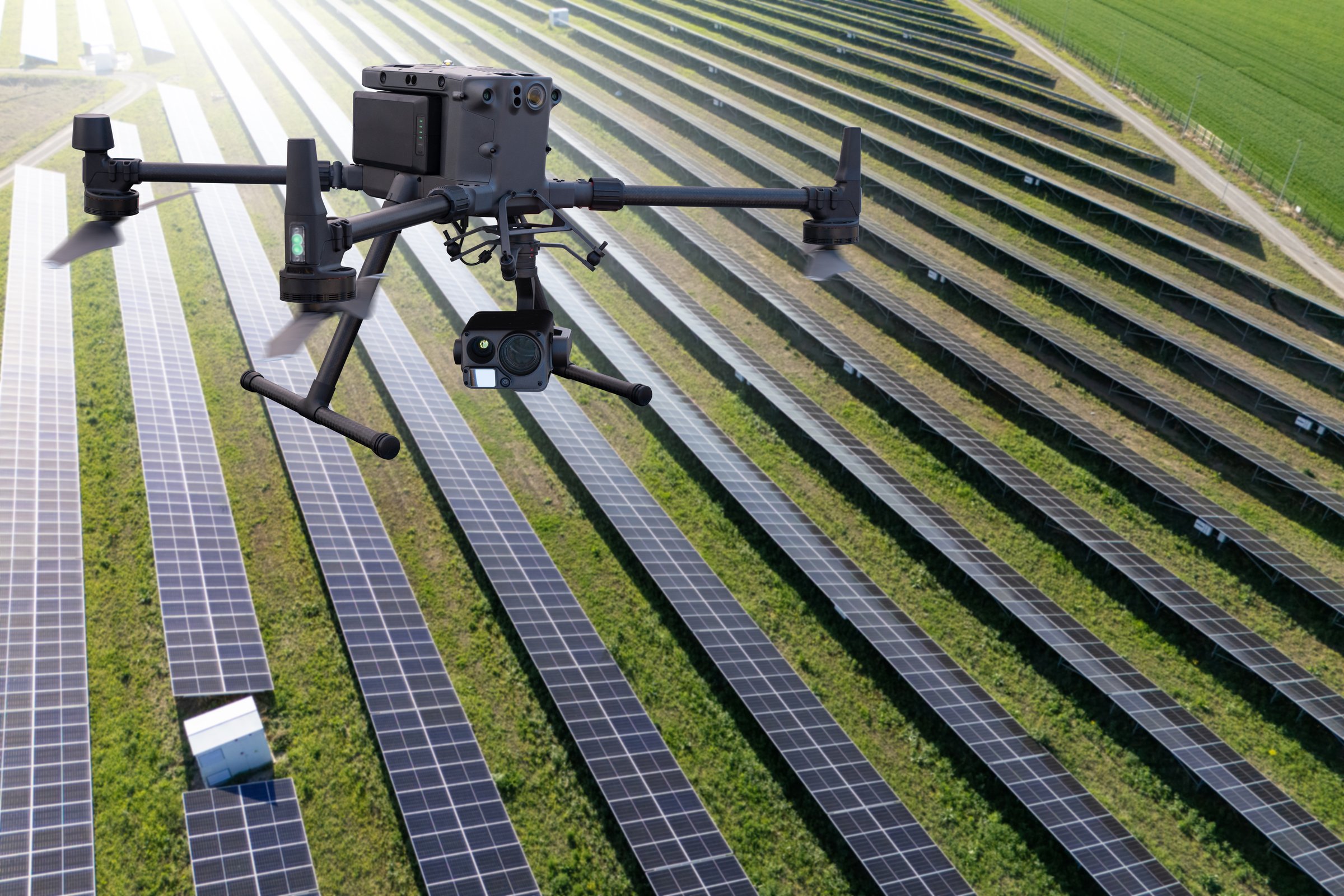 Industrial drone inspects solar panels.