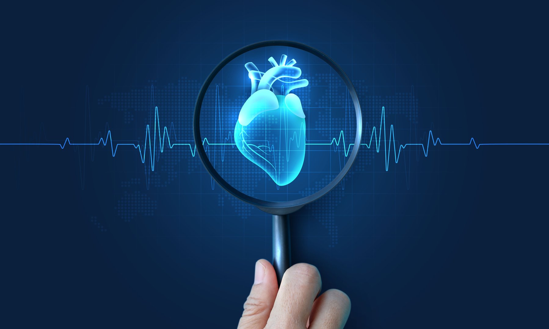Digital heart health concept with magnifying glass and heartbeat ECG line, cardiology diagnosis, medical innovation, healthcare technology, cardiovascular monitoring illustration.