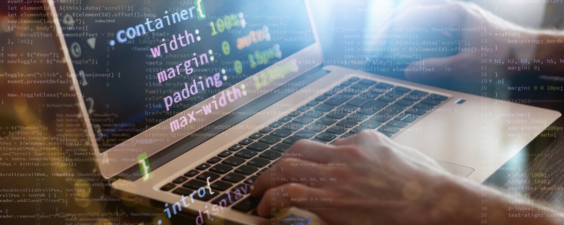 programming web code writing on laptop. internet technologies concept business front-end developing banner. mixed media