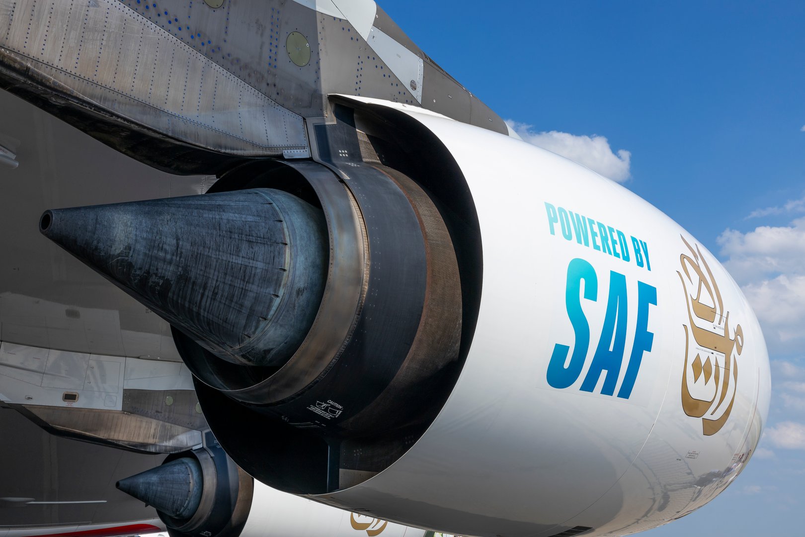Berlin, Germany - June 7, 2024: Powerful Rolls Royce Trent 900 jet engine on Emirates Airbus A380, powered by SAF - Sustainable Aviation Fuel for eco-friendly air travelling
