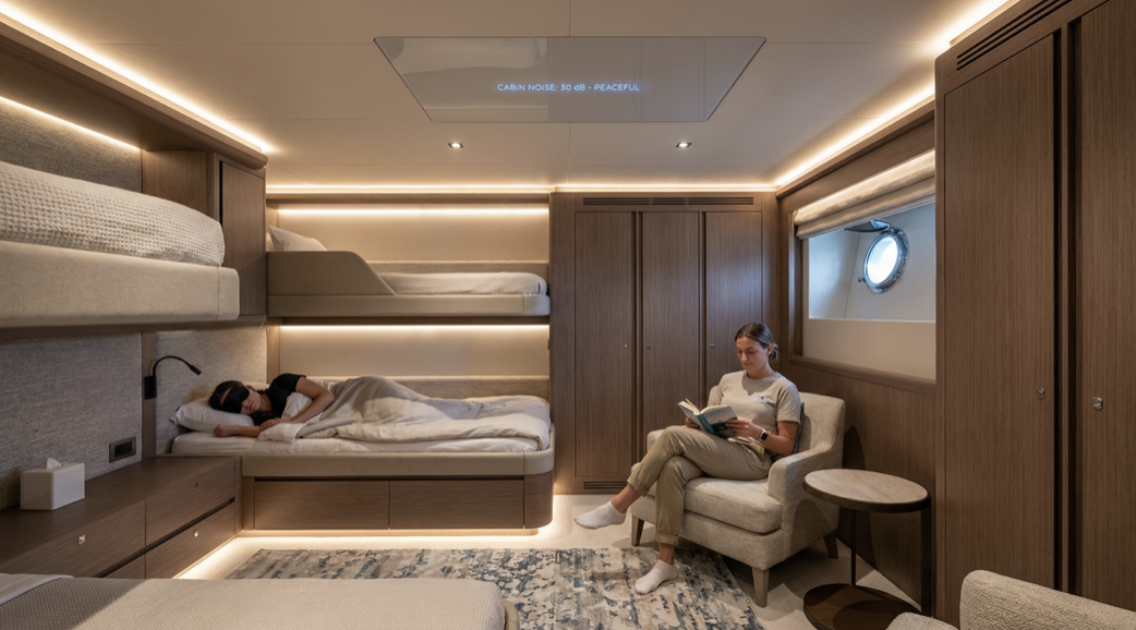 Comfortable yacht crew quarters with quiet thermoacoustic HVAC system