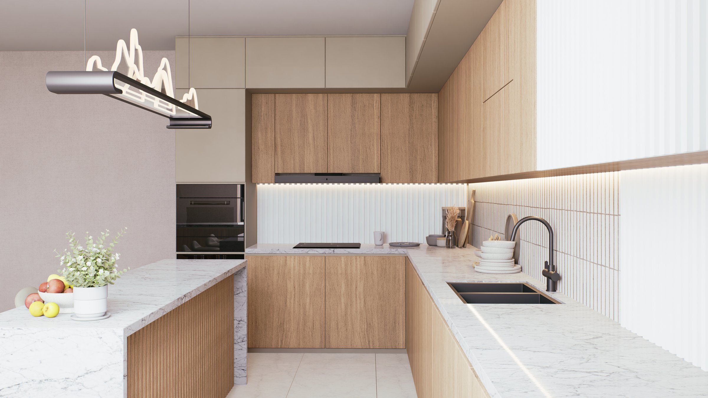 A modern kitchen featuring sleek cabinetry, marble countertops, and stylish lighting, creating a warm and inviting culinary space. 3d rendering.