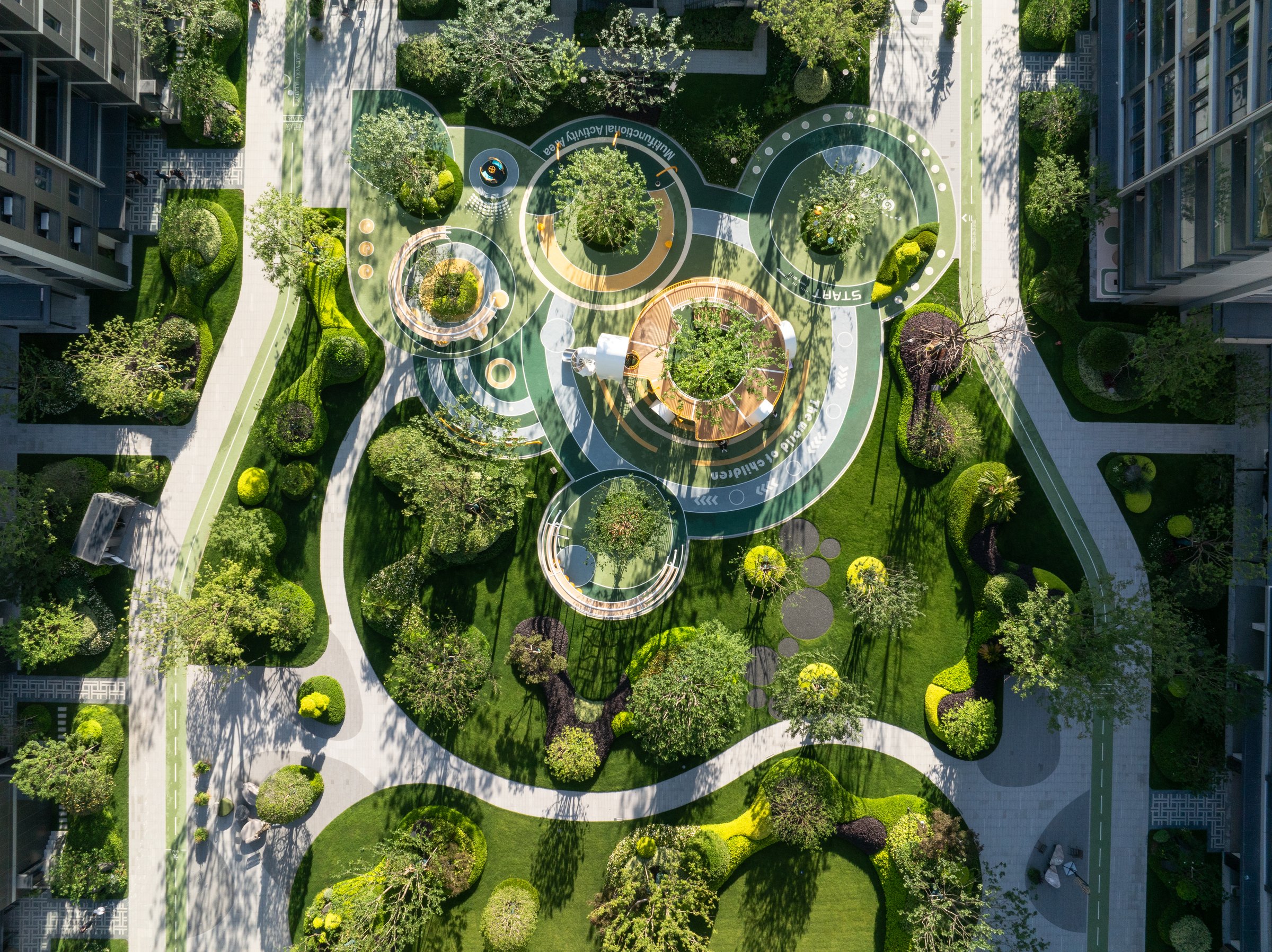 public garden between modern apartment