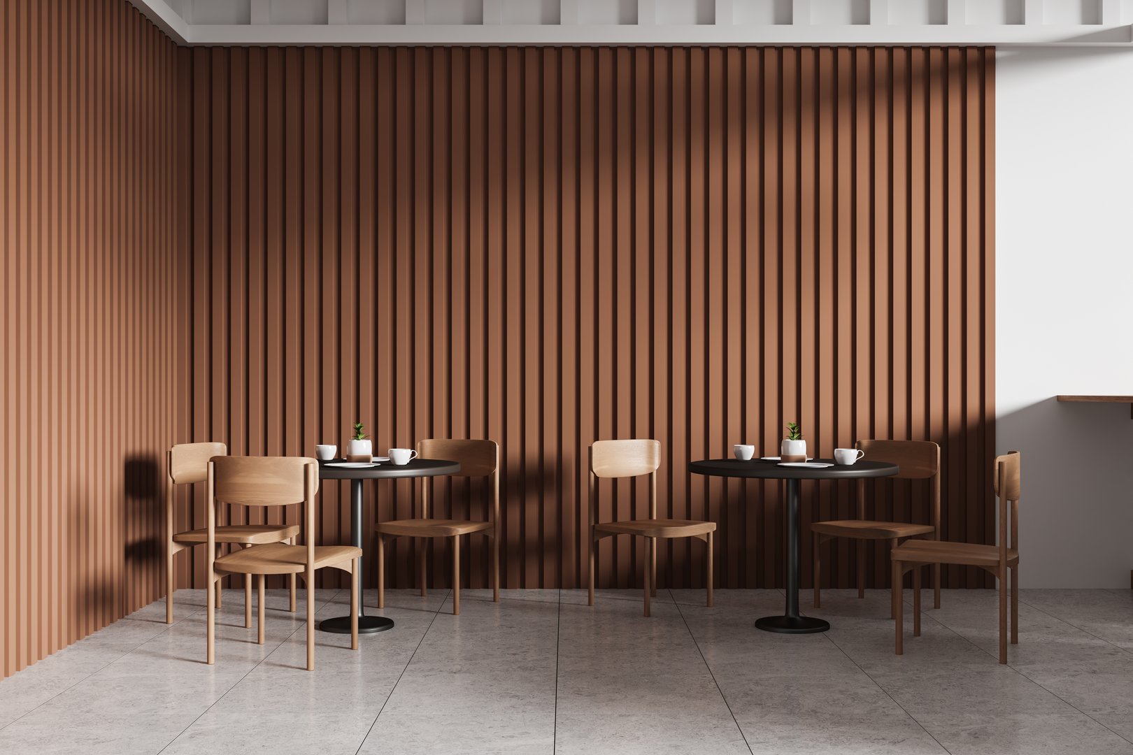 Cozy cafe interior showcasing wooden chairs and round tables against a stylish brown wall. Minimalist design concept. 3D Rendering