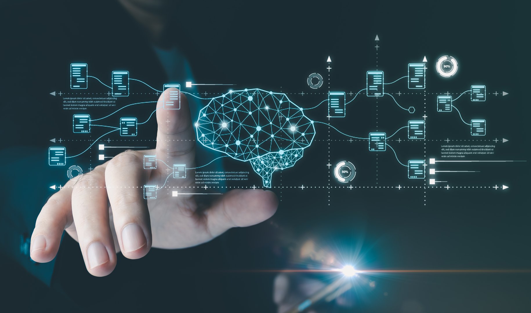 A businessman in a suit is reviewing digital document graphs on his mobile phone, utilizing AI-powered financial technology to analyze and make precise business decisions.